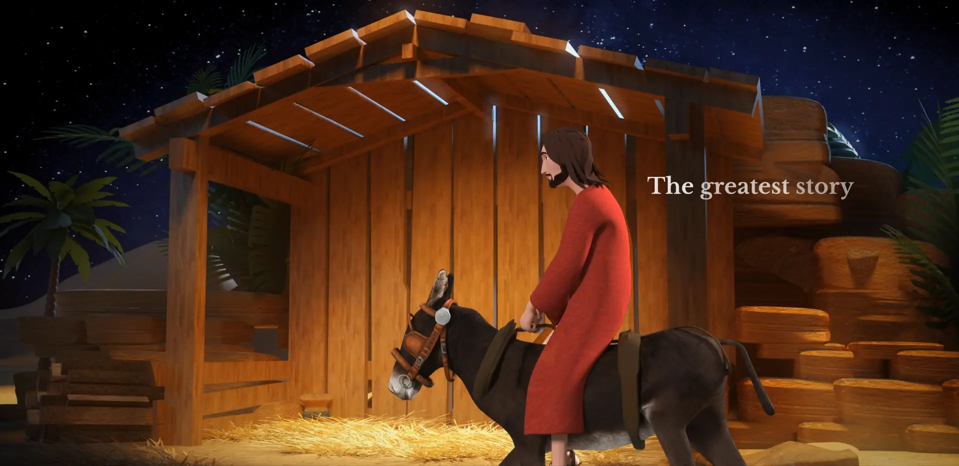 The greatest story Jesus riding a donkey in front of a manger with words the greatest story