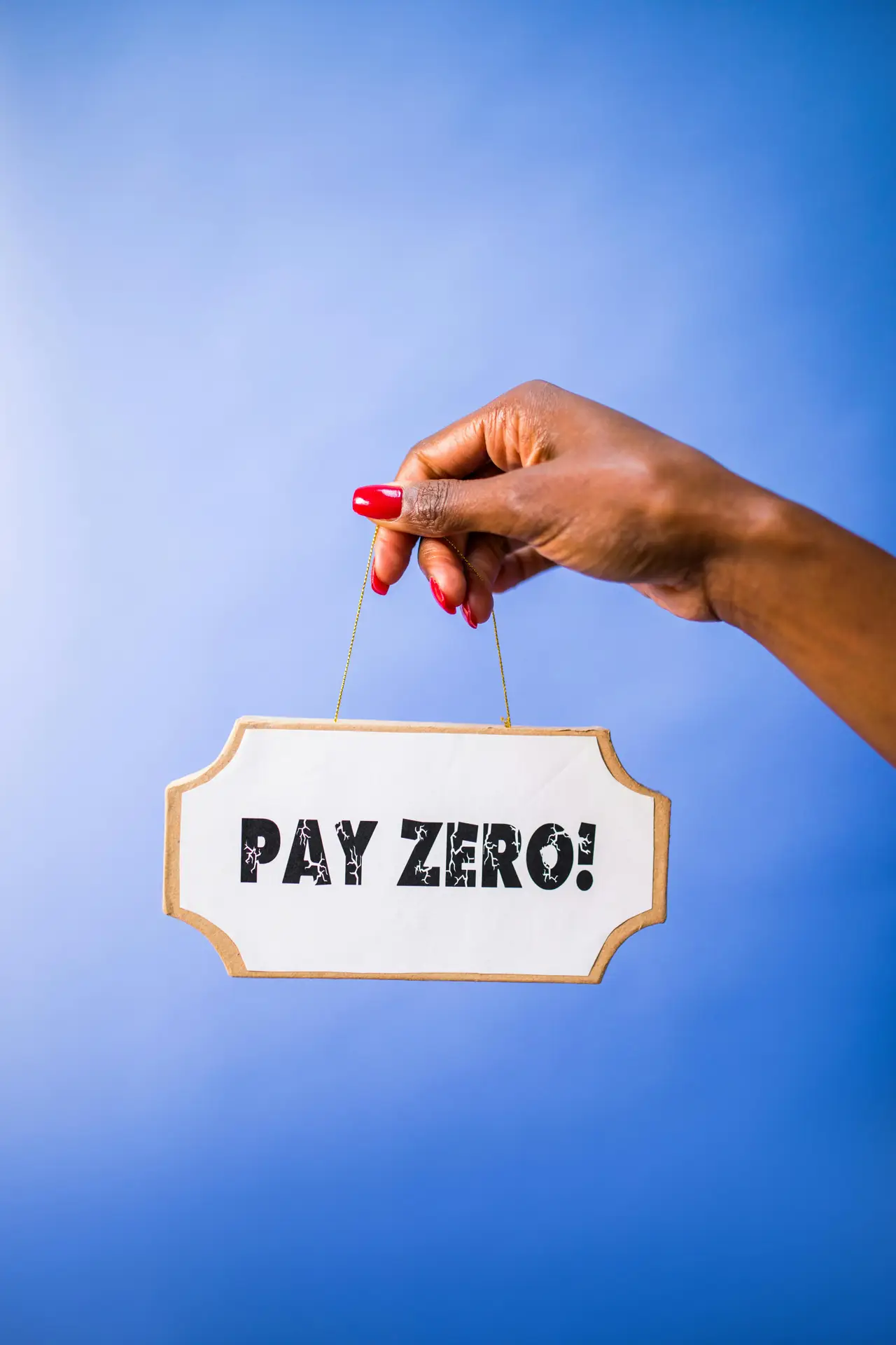 pexels-photo-7563685-7563685 A hand holds a "Pay Zero!" sign against a vibrant blue backdrop, offering copyspace.